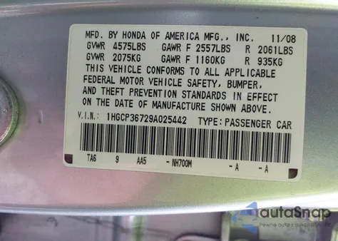 2009 Honda Accord 3.5 Ex z USA, uszkodzony, nr VIN 1HGCP36729A025442